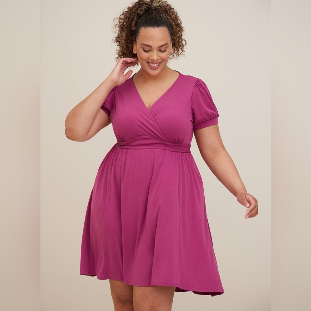 Torrid Studio Knit Surplice Tie Back Mini Dress Size 2X Boysenberry Magenta Pink